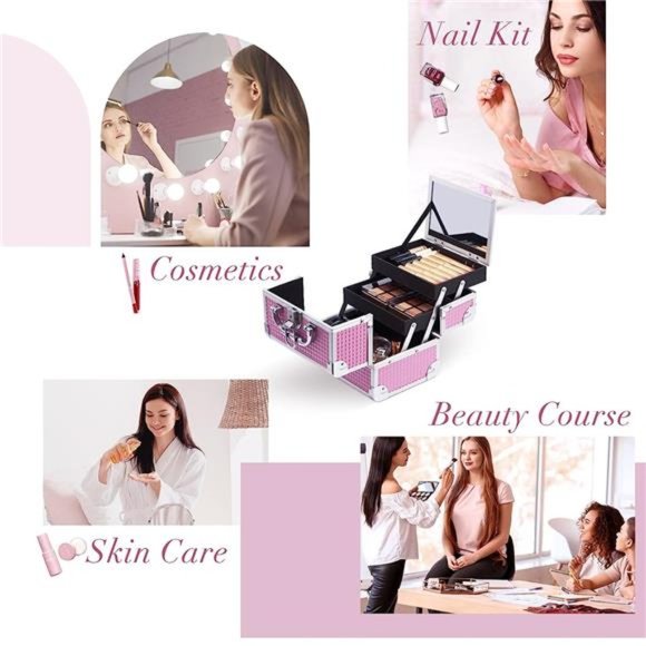 Makeup Train Case Portable Cosmetic Box Jewelry Organizer Lockable with Keys - Picture 2 of 6